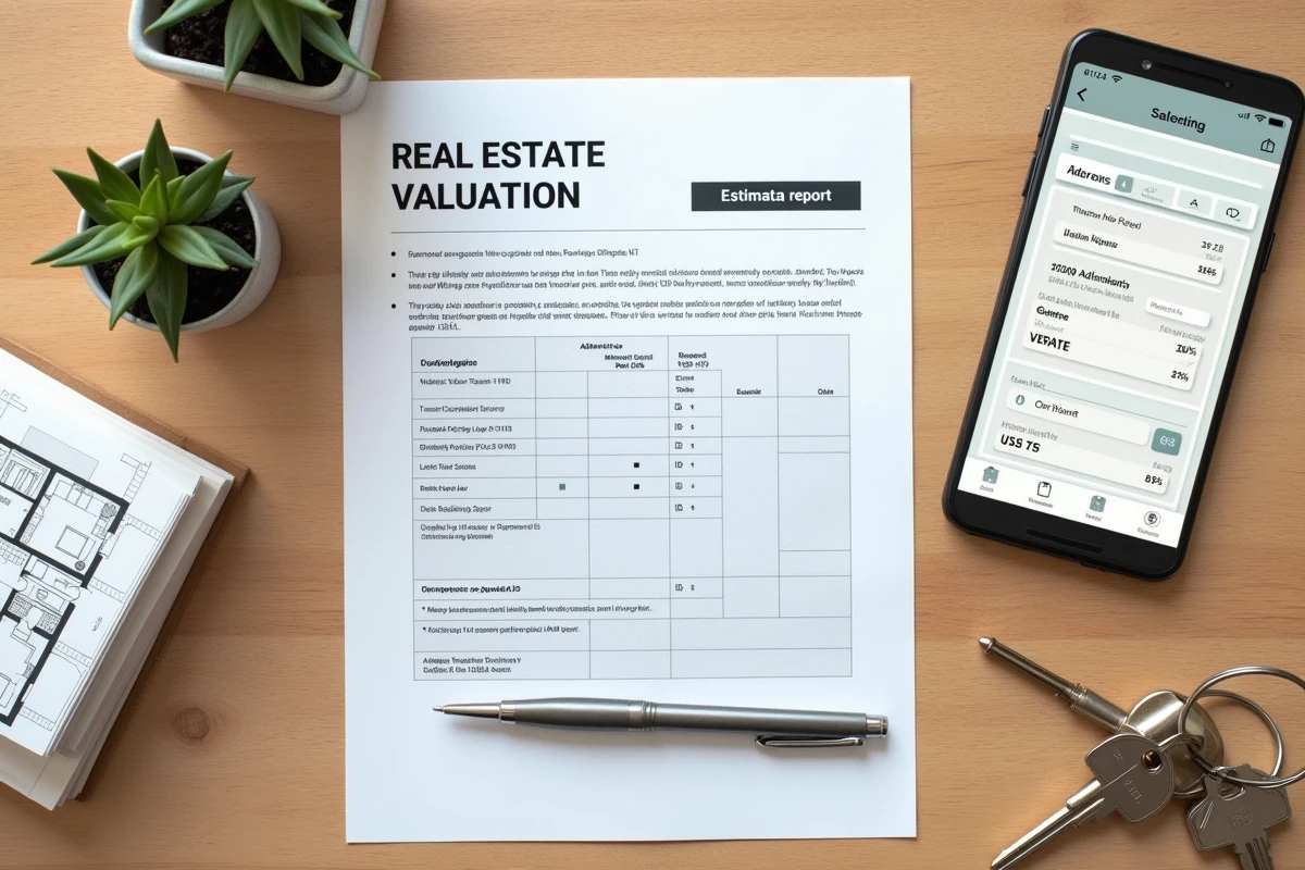 Vue aérienne d'un bureau avec rapport d'estimation immobilière, clés et plan de maison