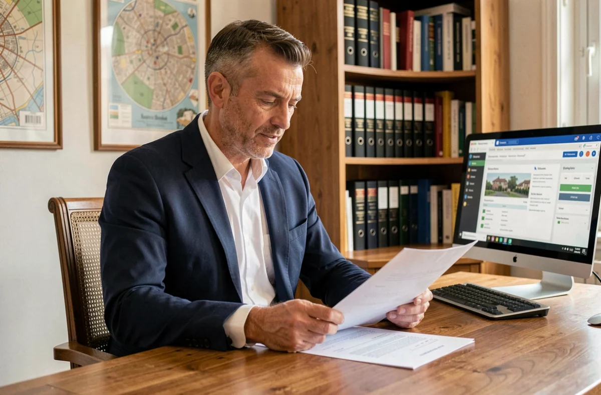 Gestionnaire du Cabinet Demons à Bordeaux consultant des documents de copropriété dans son bureau professionnel