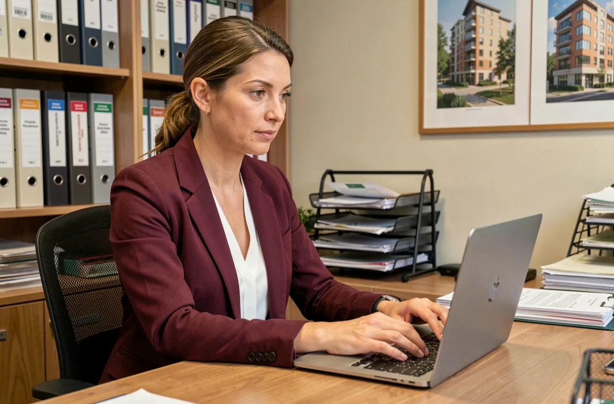 Conseillère du Cabinet Mialon travaillant sur des dossiers de gestion de copropriété dans un bureau bien organisé