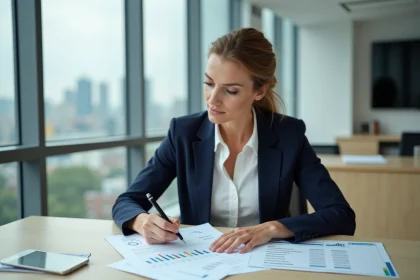 Femme professionnelle analysant des documents de calcul de contribution sécurité immobilière pour un achat immobilier