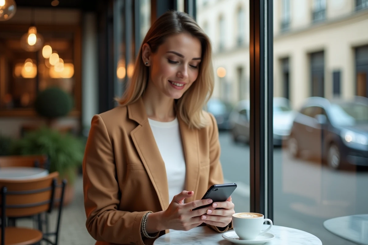 Femme postulant sur Locannonce via smartphone dans un café parisien