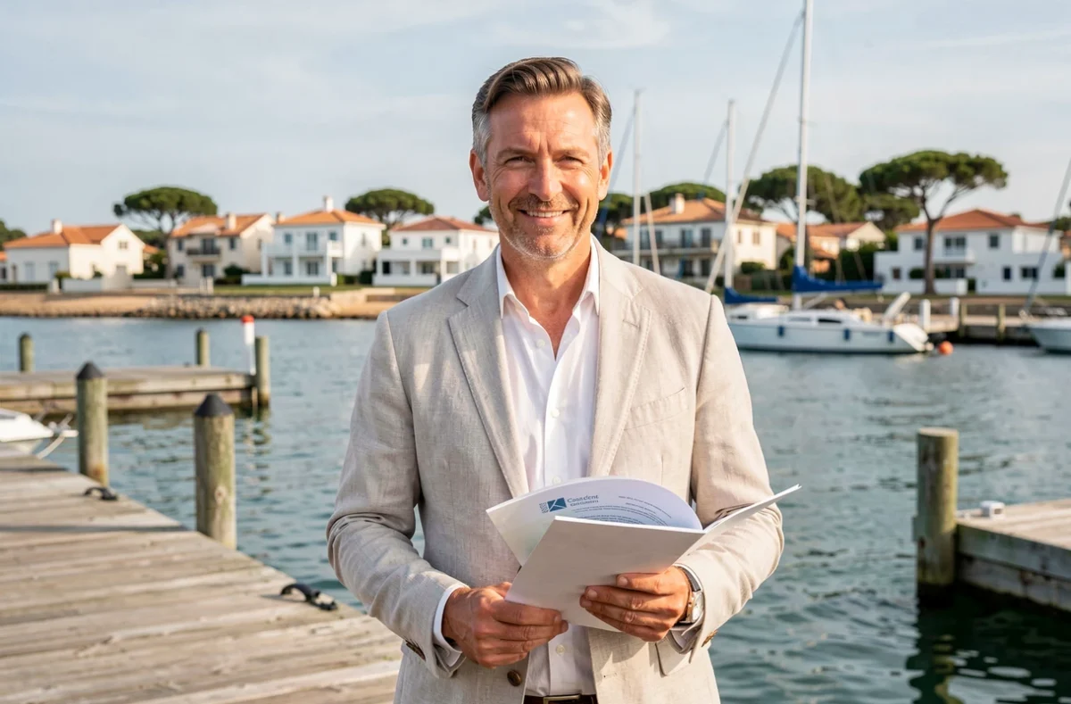 Agent de Century 21 Duprat et Associés sur le Bassin d'Arcachon tenant un dossier de syndic avec des résidences côtières en fond