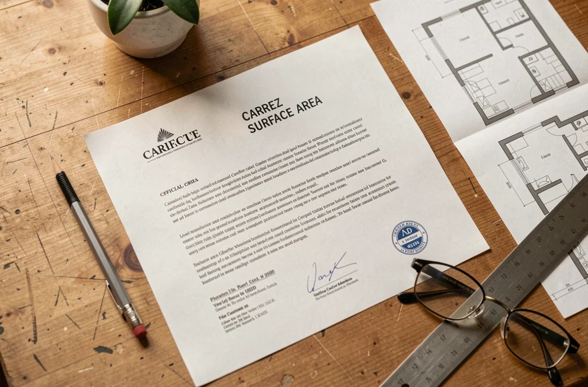 Certificat de superficie loi Carrez posé sur un bureau avec règle, plan de sol et crayon pour la vente immobilière