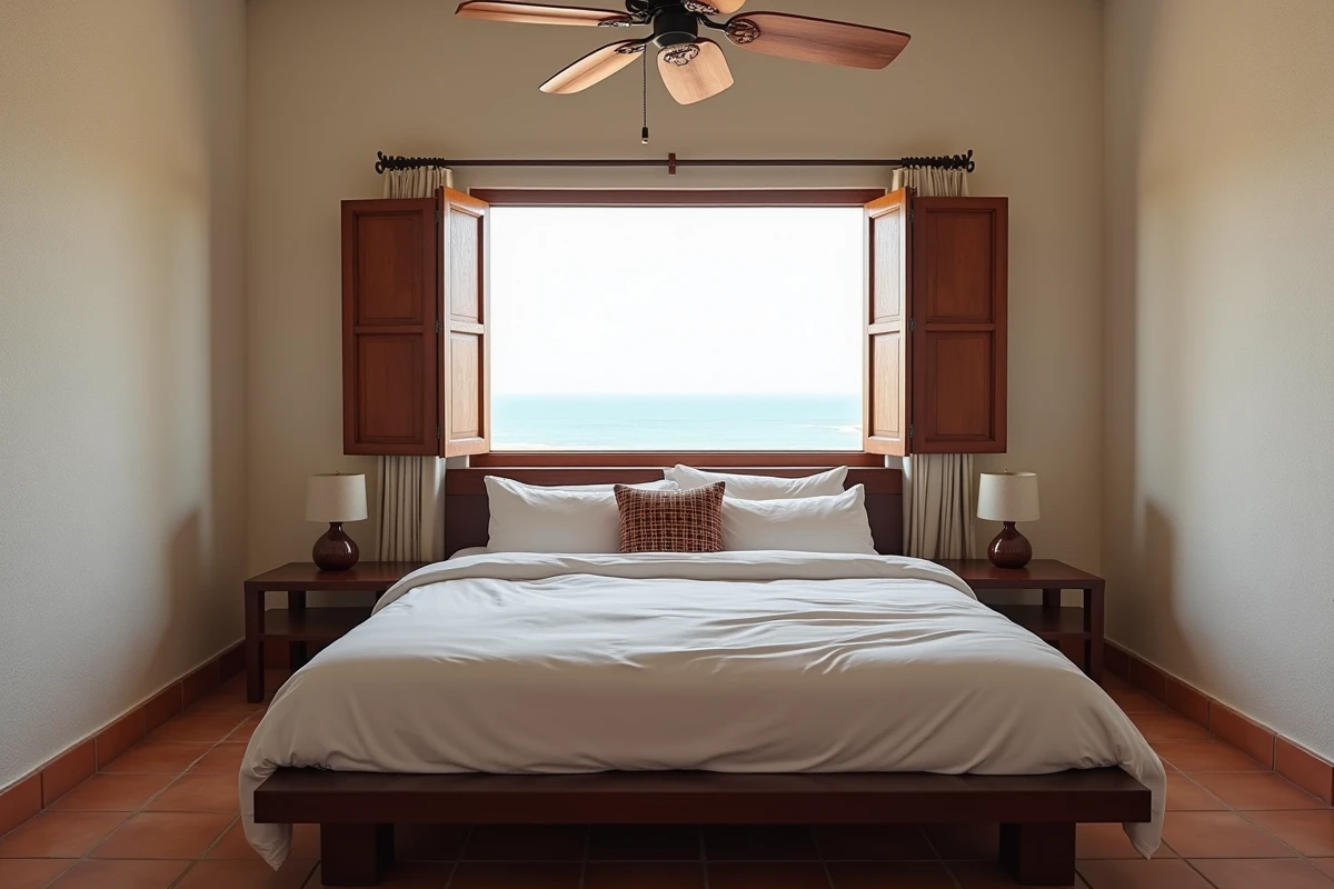 Chambre d'appartement en location à Dakar Plateau avec vue sur la mer et décoration locale authentique