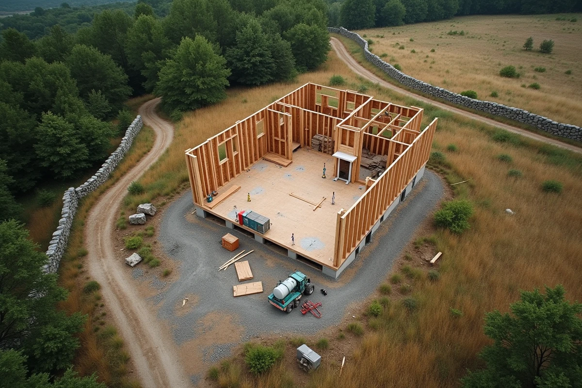 Vue aérienne d'un chantier de construction en zone naturelle avec des erreurs de planification visibles dans la végétation protégée