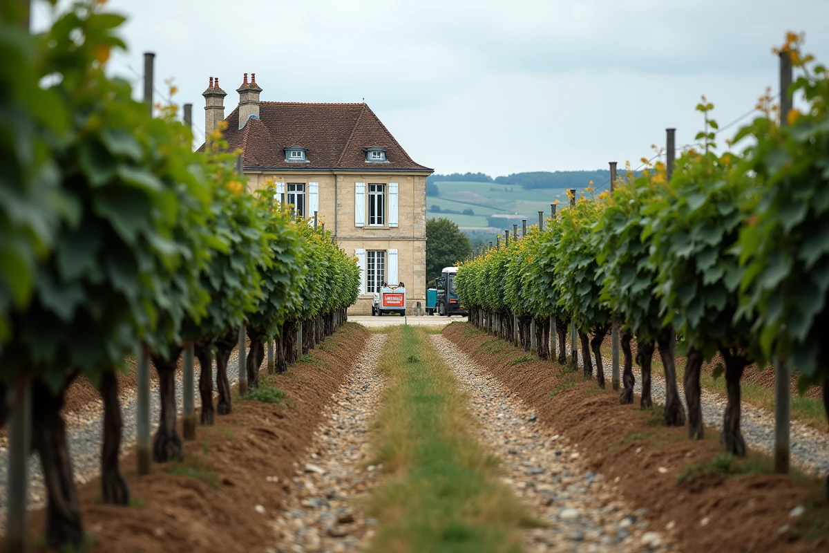 Vue panoramique d'un château viticole bordelais à vendre avec rangées de vignes au moment des vendanges