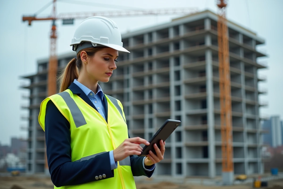 Chef de projet immobilier utilisant une application de suivi de chantier sur tablette au sein d'un chantier de construction