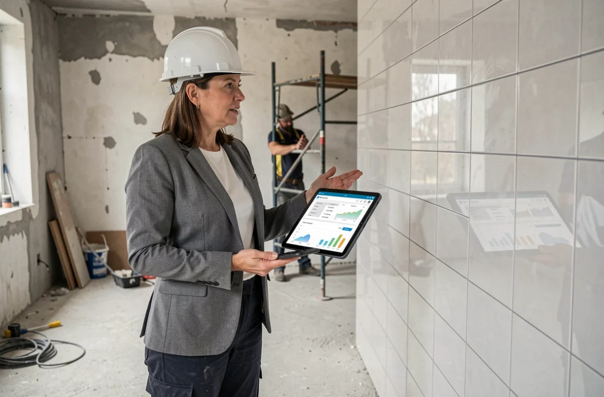 Cheffe de chantier tenant une tablette avec un logiciel de gestion de rénovation dans un appartement en cours de travaux