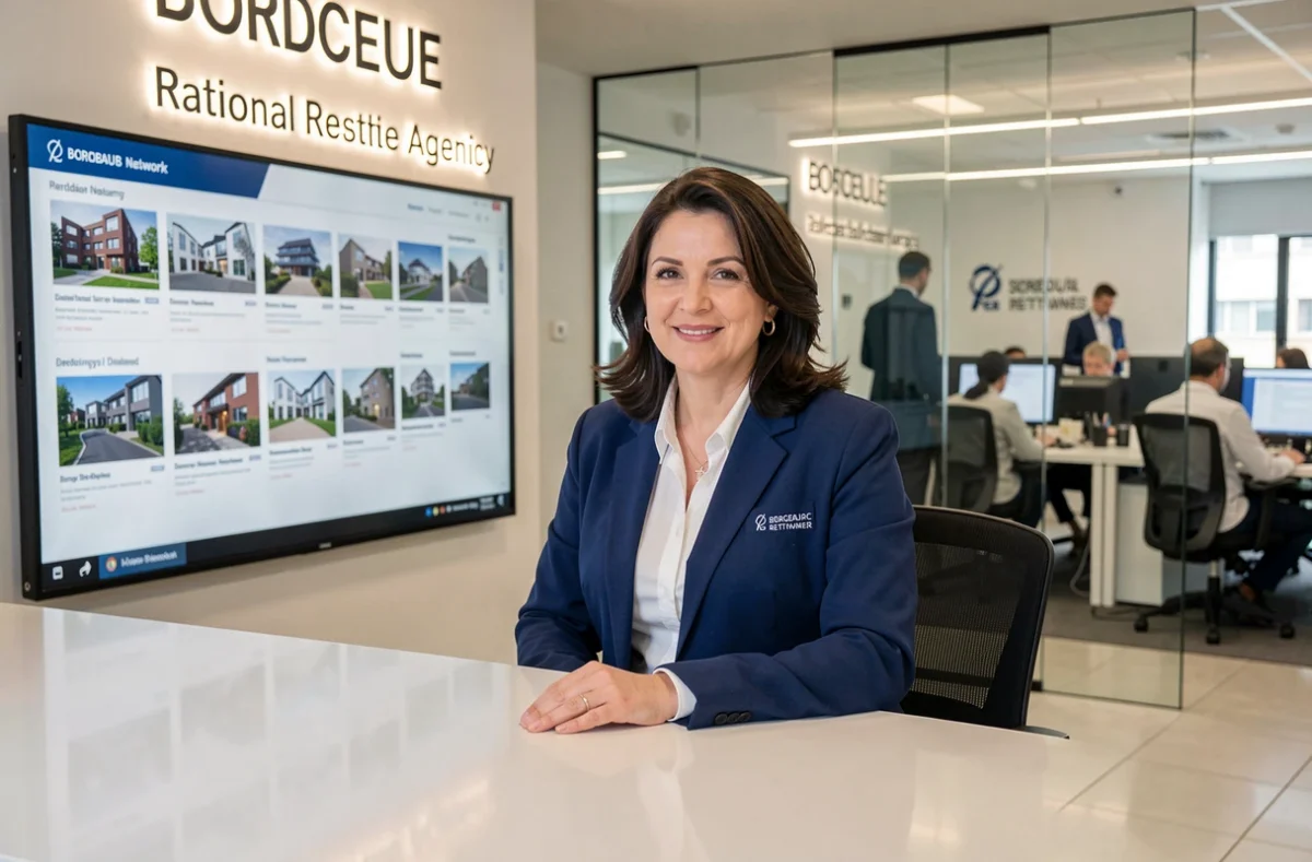 Conseillère de Citya Immobilier Atlantis dans une agence réseau nationale moderne à Bordeaux avec open-space en arrière-plan