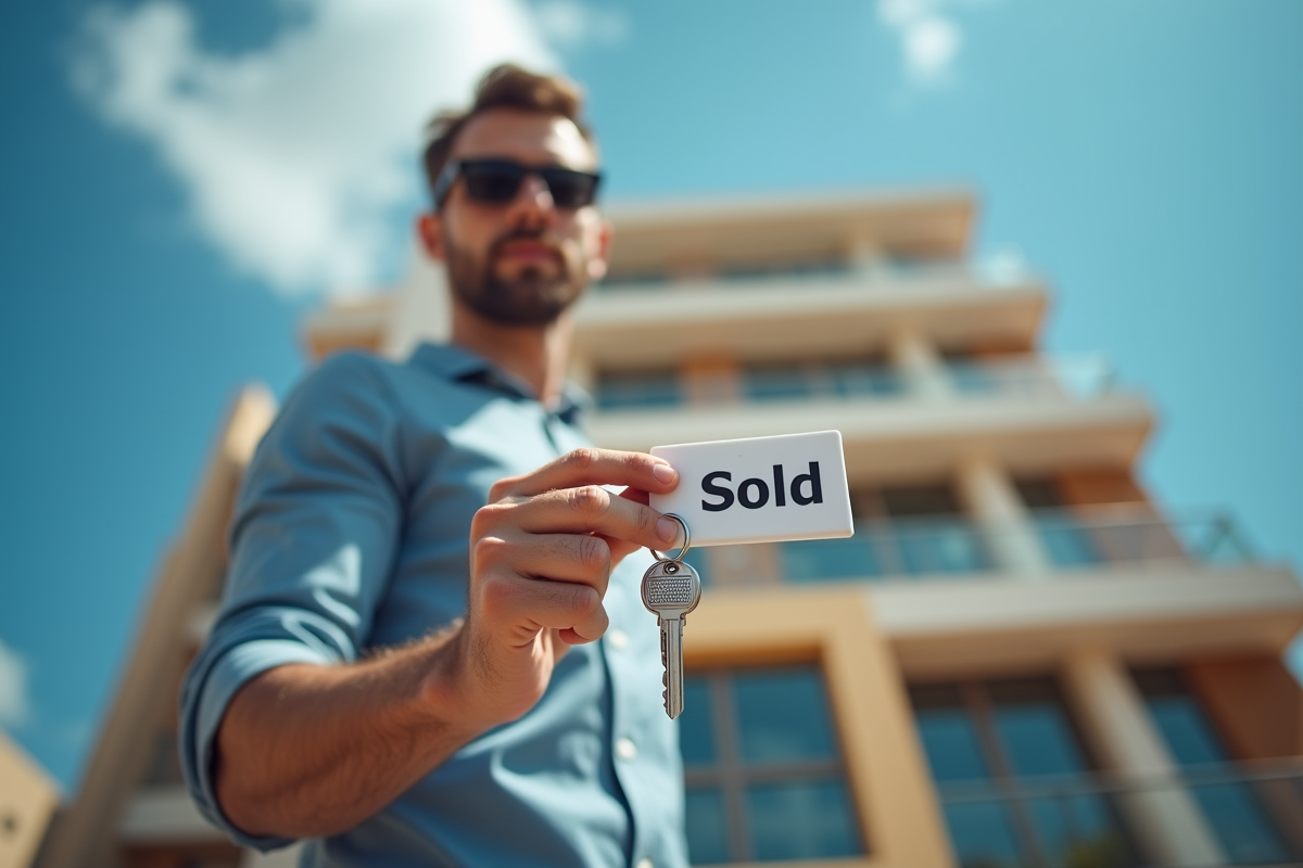 Personne tenant des clefs et un panneau vendu devant un immeuble moderne