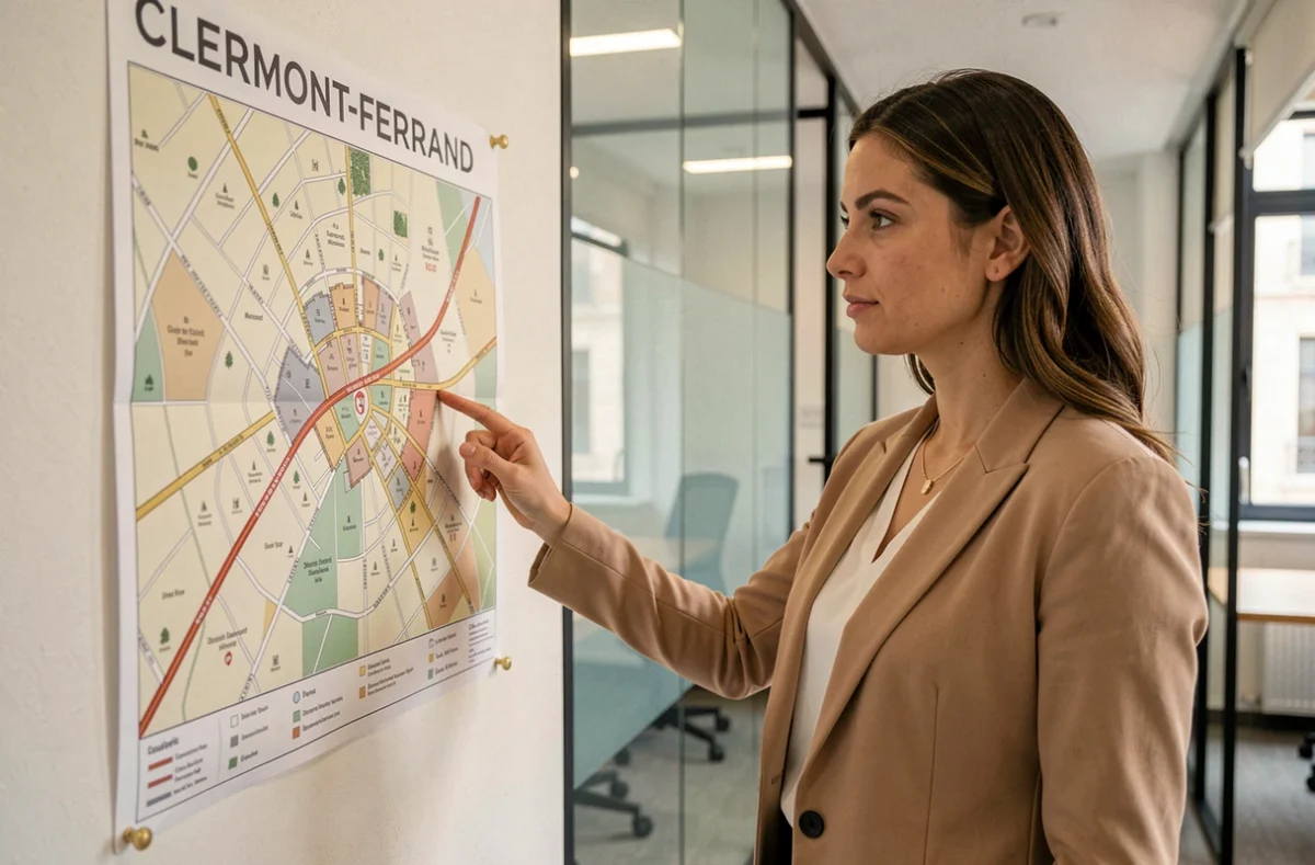 Conseillère de Clermont Province présentant une carte immobilière de la métropole clermontoise dans une agence moderne