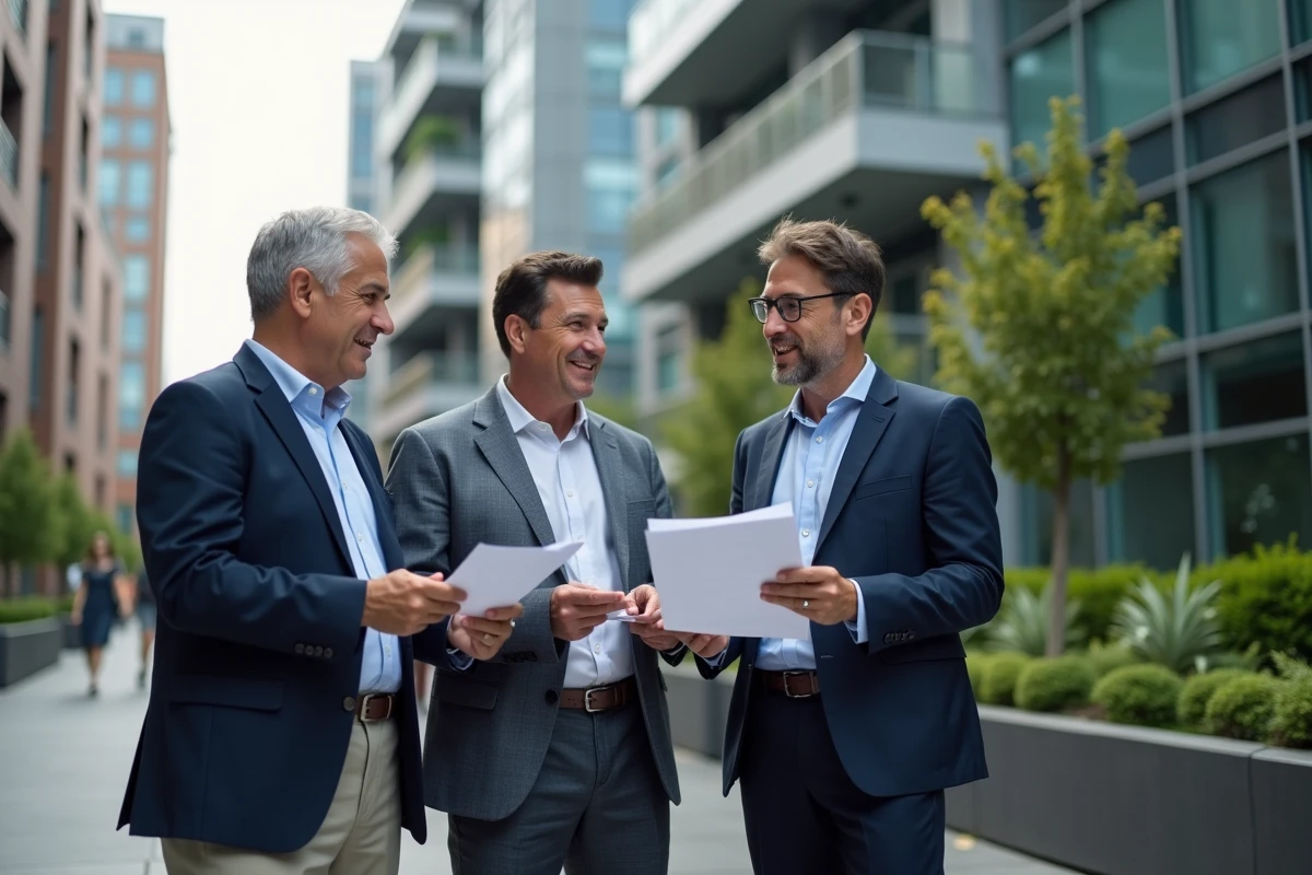 Groupe de clients discutant devant immeuble urbain