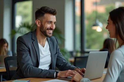 Employe souriant en bureau moderne avec collegue