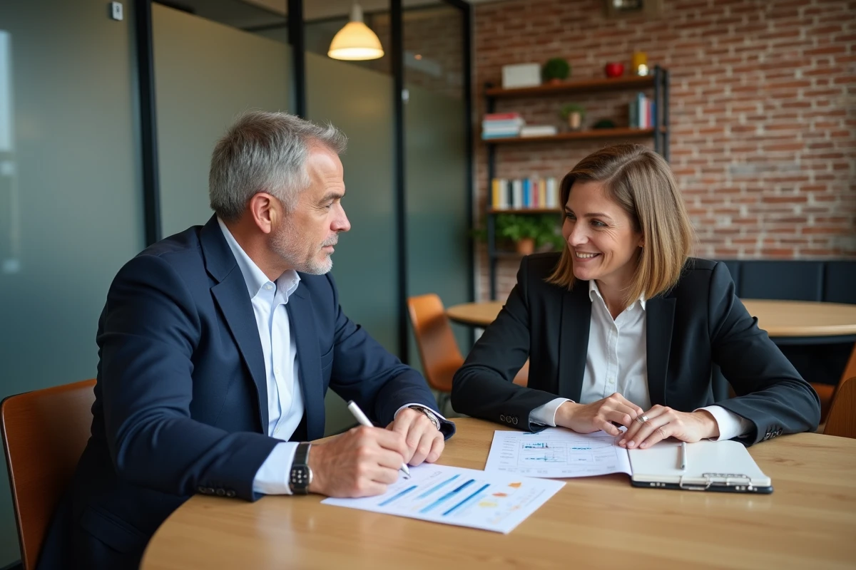 Deux professionnels collaborant sur une stratégie d'investissement dans un espace de coworking contemporain