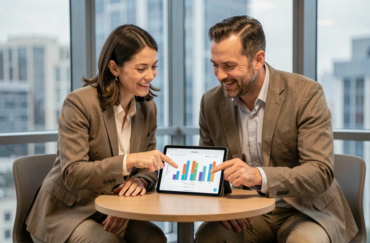 Deux collègues analysant ensemble les performances de ventes sur tablette pour optimiser leur stratégie commerciale avec Liloo BSK