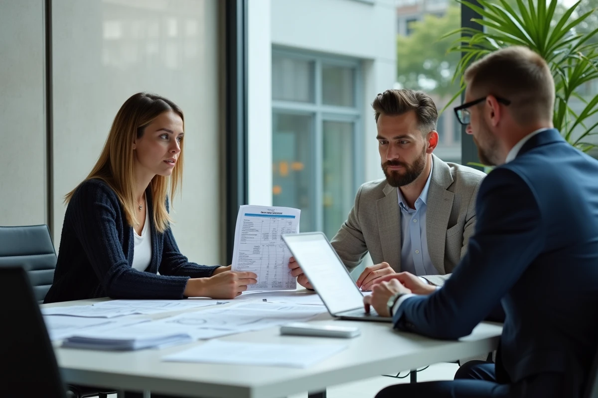 Couple d'acheteurs immobiliers comparant les frais de notaire avec un conseiller dans une agence immobilière moderne
