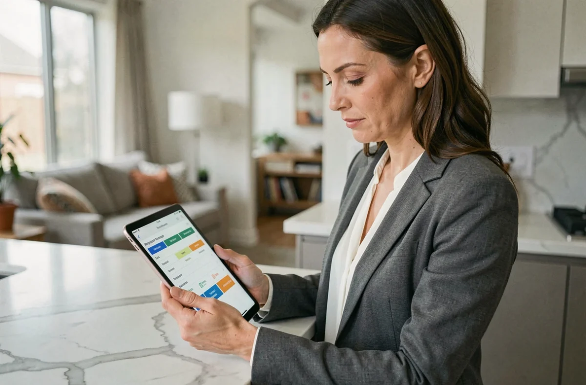 Femme comparant des offres de rachat de crédit immobilier sur une tablette dans sa cuisine