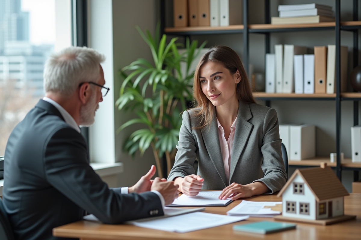 Jeune femme discute avec conseiller en assurance au bureau