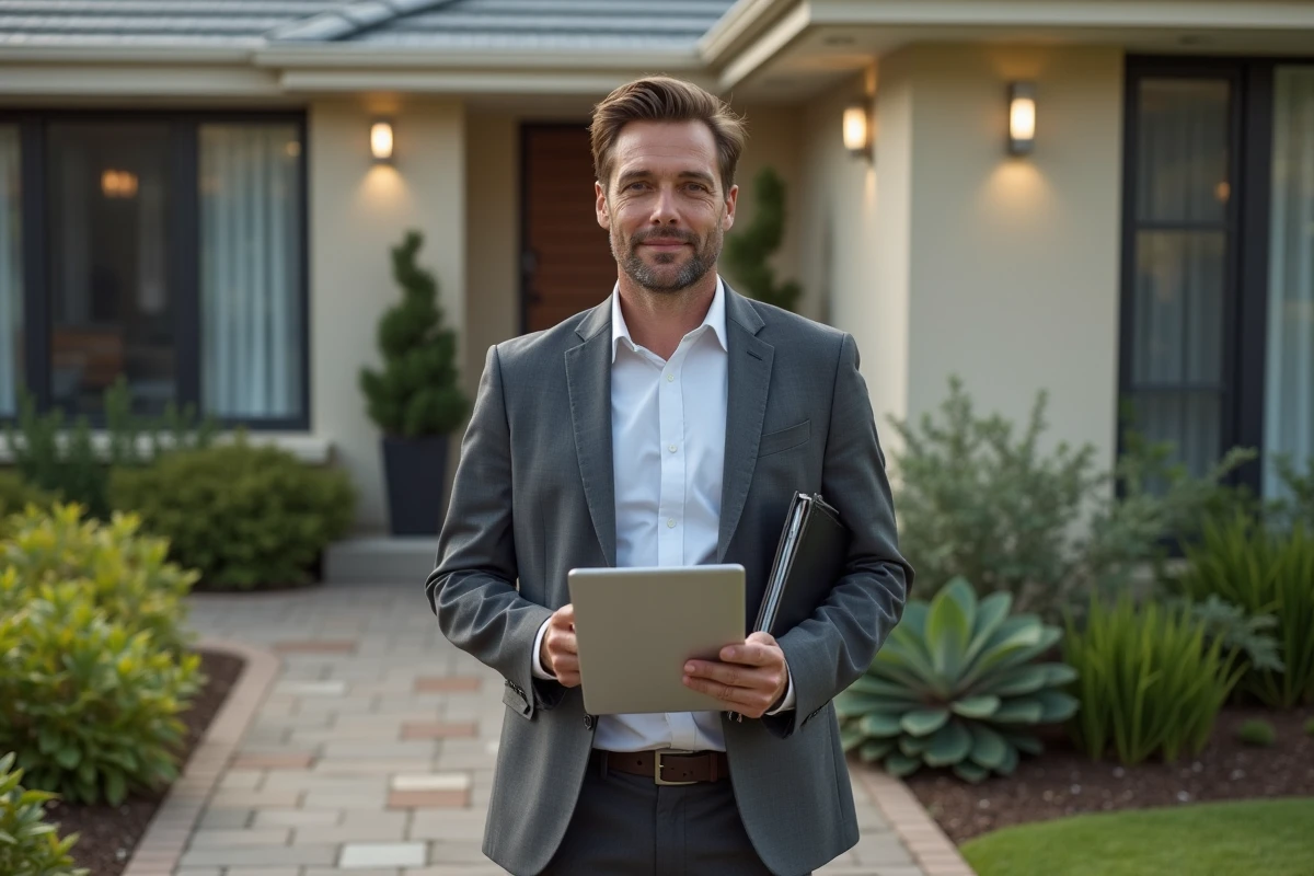 Conseiller immobilier IAD devant une maison avec tablette et checklist avant visite vendeur