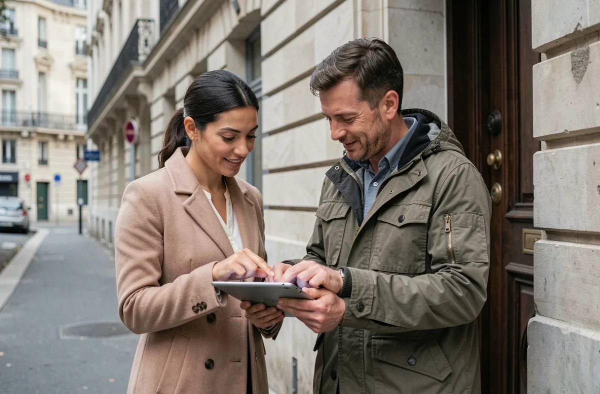 Conseillère iad et client discutant des frais d'agence sur une tablette devant un immeuble parisien