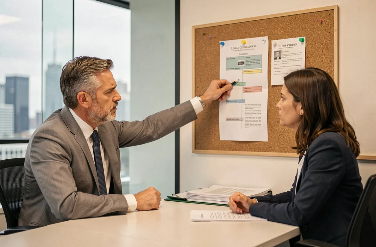 Consultant juridique et cliente analysant un calendrier procédural pour éviter les erreurs dans un référé préventif