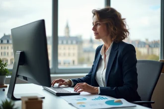 Consultante immobilière analysant un simulateur de rentabilité locative à Lyon sur un écran moderne