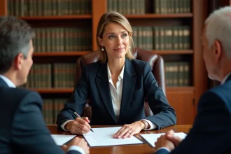 Notaire femme expliquant des documents juridiques à un couple lors d'une consultation gratuite dans un bureau traditionnel