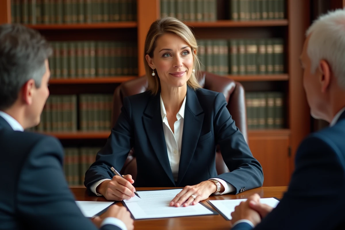 Notaire femme expliquant des documents juridiques à un couple lors d'une consultation gratuite dans un bureau traditionnel