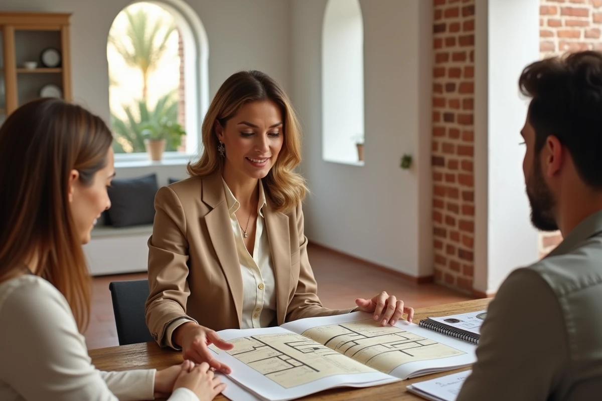Consultation immobilière à Marrakech avec une agente présentant des plans de villas neuves et de riads rénovés à des acheteurs