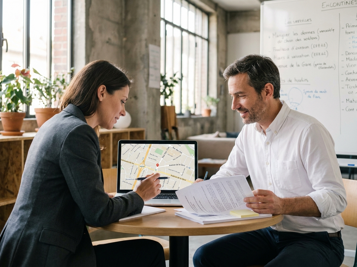 Deux professionnels de l'immobilier analysant une carte et des documents pour un projet à Pacé dans un espace de coworking