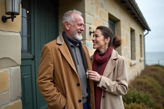 Couple tenant les clés de leur maison normande en pierre avec vue sur mer lors de l'emménagement