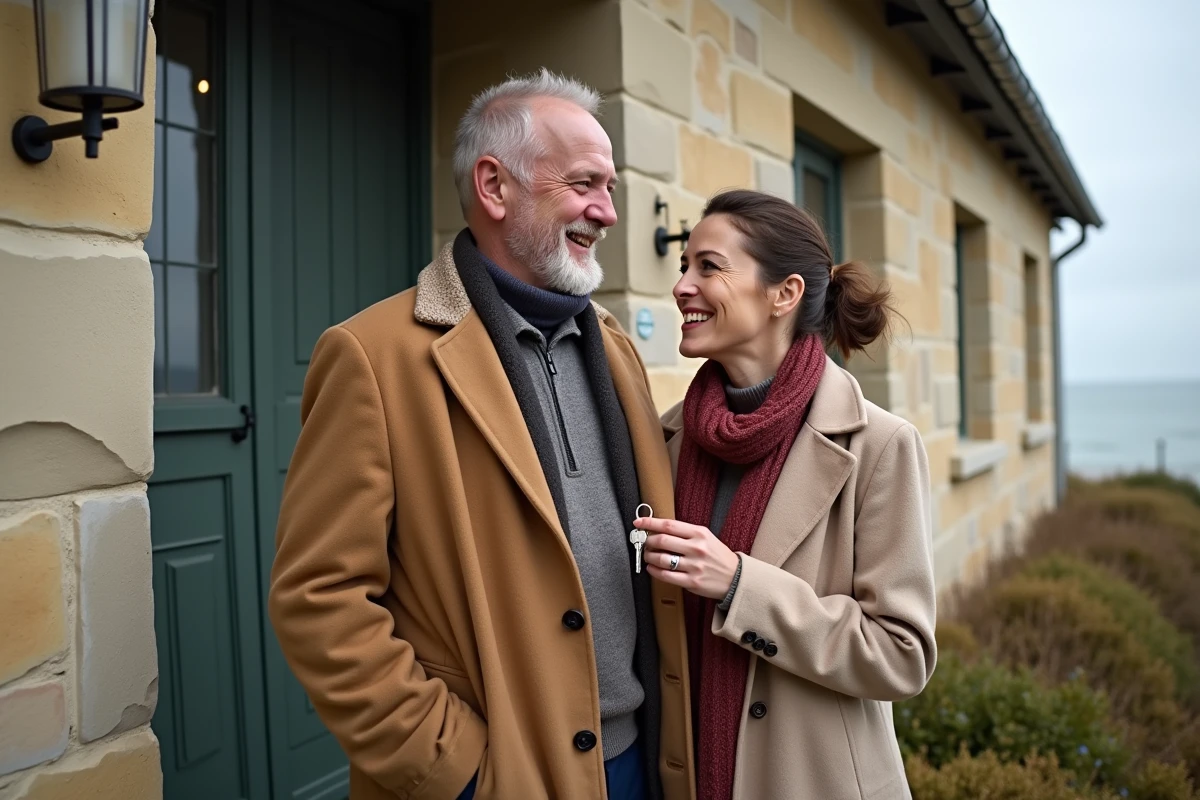 Couple tenant les clés de leur maison normande en pierre avec vue sur mer lors de l'emménagement