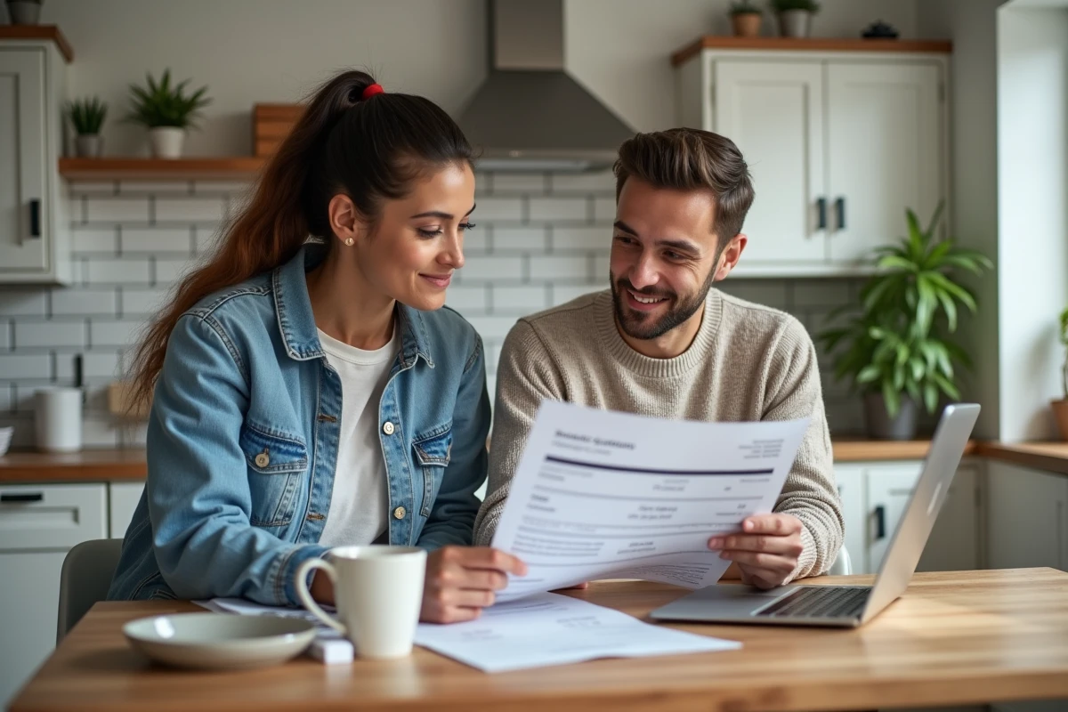 Couple consultant un rapport d'estimation immobilière en ligne à domicile