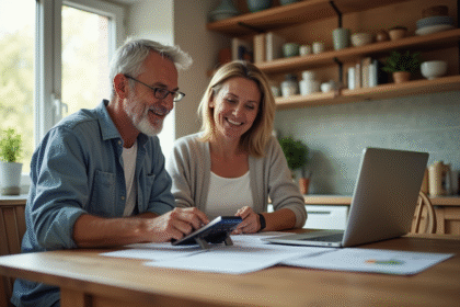 Couple souriant examinant des documents immobiliers dans la cuisine