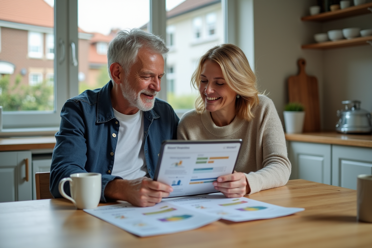 Couple discutant de projets immobiliers à la maison