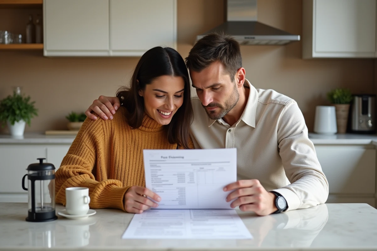 Couple examinant ensemble les frais et contributions liés à l'achat immobilier autour d'une table