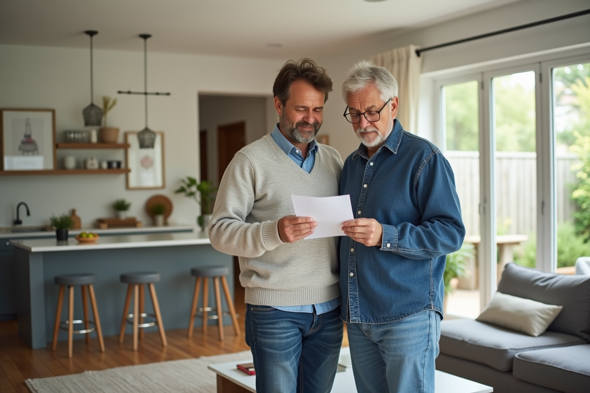 Couple regardant une checklist d inspection maison dans un salon lumineux