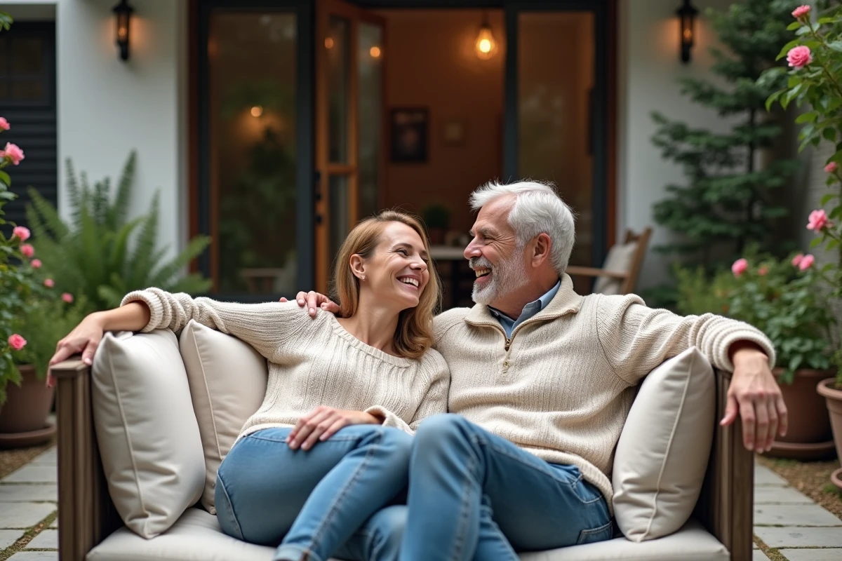 Jeune couple riant dans un jardin cosy avec maison moderne