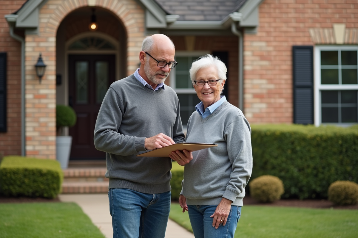 Couple devant une maison de banlieue avec agent immobilier