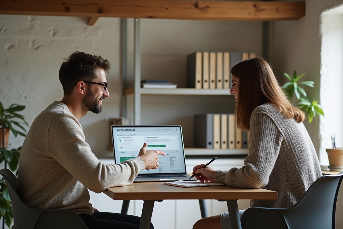 Couple de propriétaires de gîte configurant leur espace propriétaire Gîtes de France ensemble dans un bureau aménagé