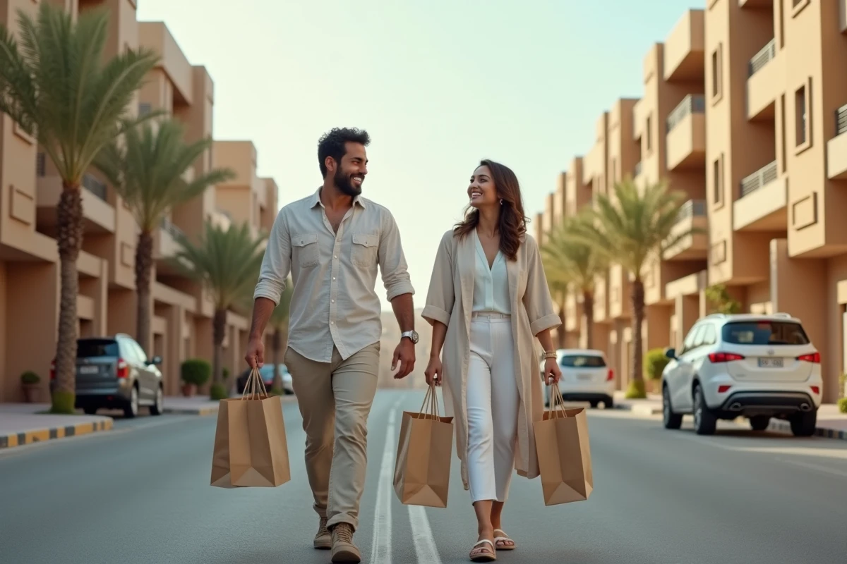 Couple se promenant dans un quartier résidentiel abordable de Dubaï avec des immeubles à façades sablées et des commerces locaux