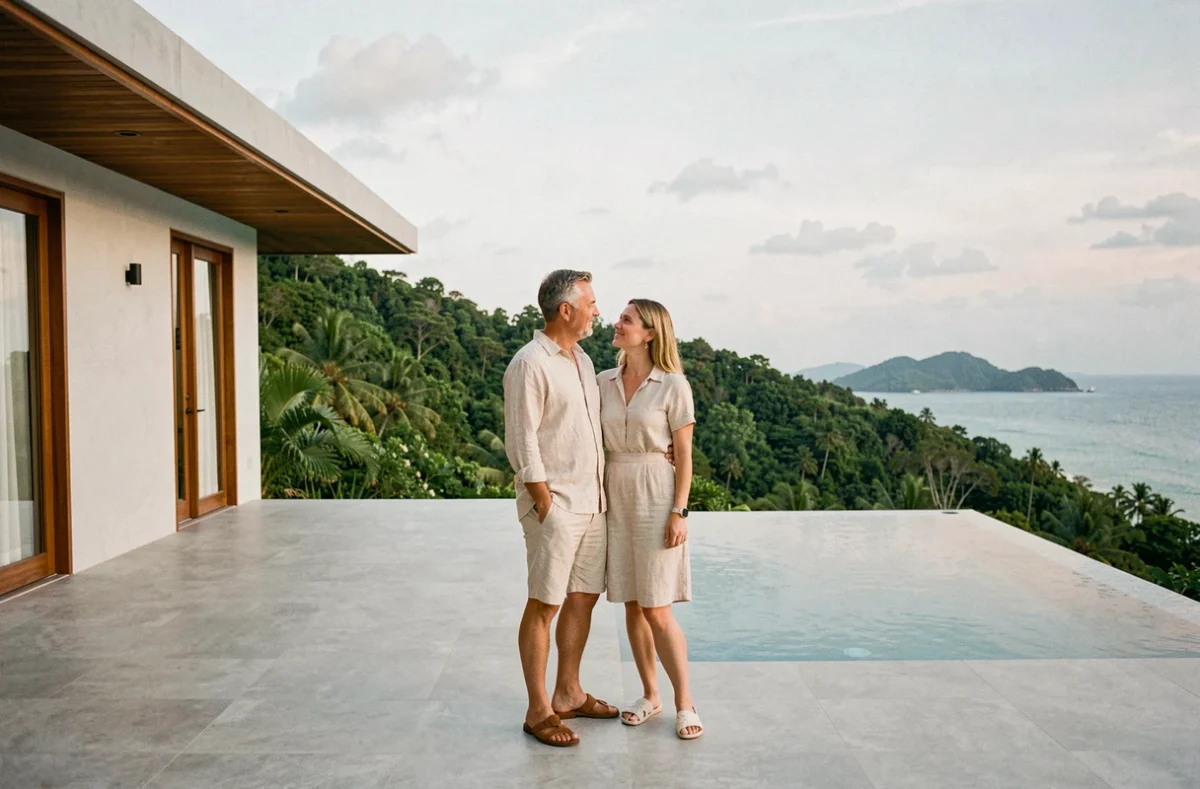 Couple expatrié sur la terrasse d'une villa moderne à vendre à Koh Samui avec vue sur la mer