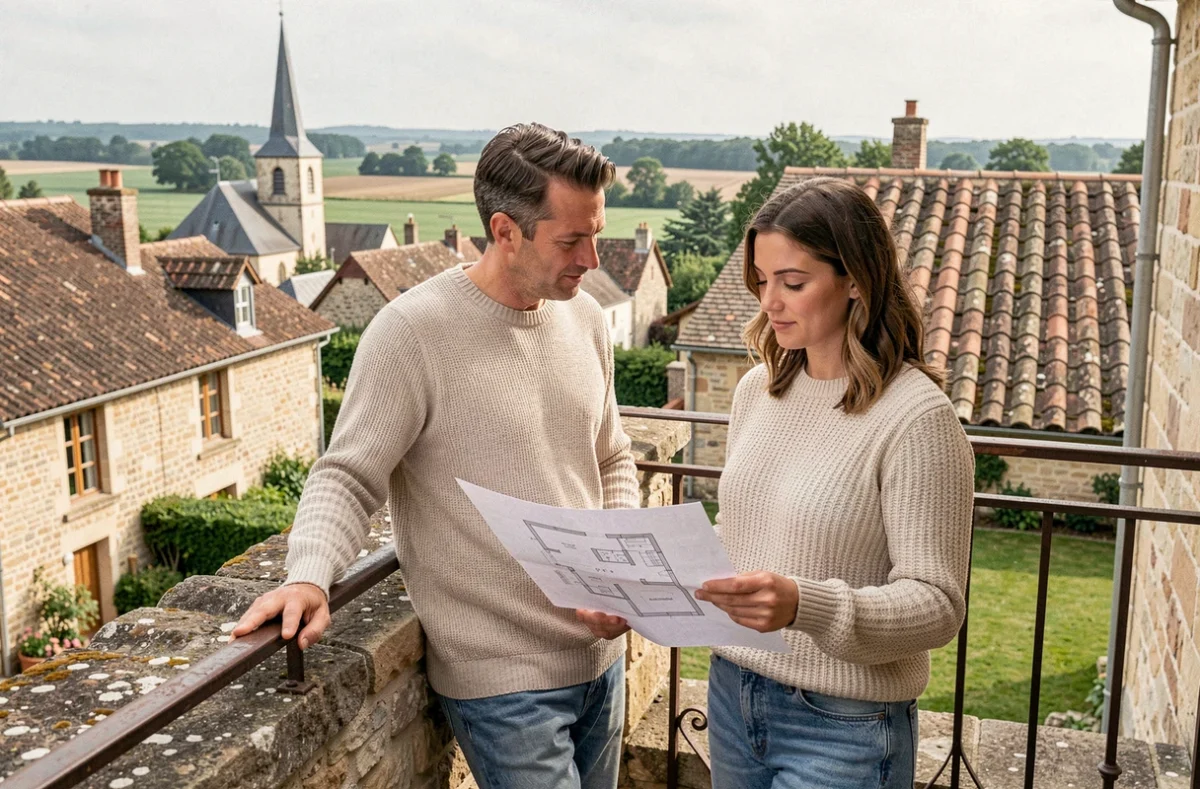 Couple visitant une maison avec terrasse en pierre dans un village proche de l'impasse des Lilas à Aix-Villemaur-Pâlis