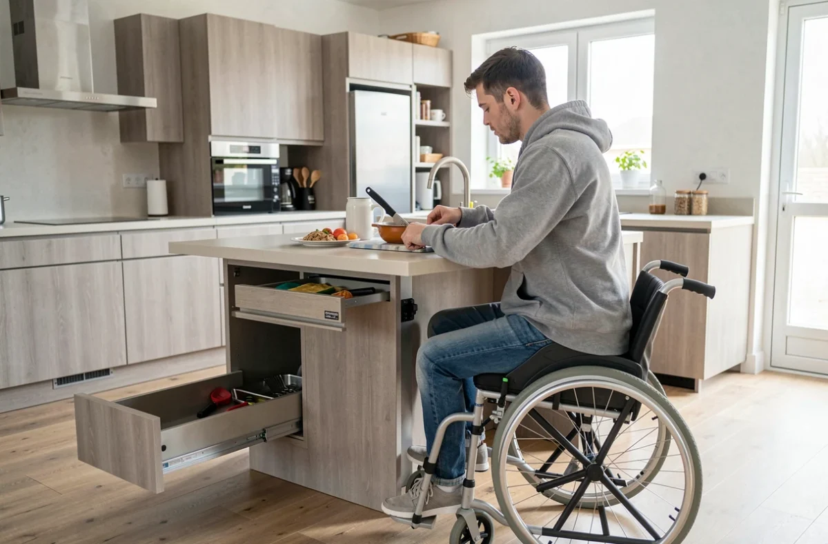 Jeune homme en situation de handicap préparant un repas dans une cuisine aménagée avec plan de travail adapté et espace de circulation