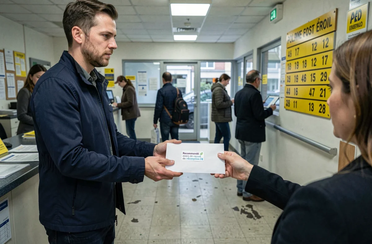 Locataire déposant une lettre recommandée au guichet de La Poste contre son bailleur