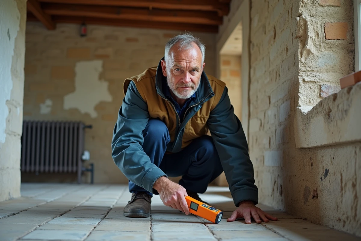 Expert en bâtiment inspectant l'humidité d'une maison de pêcheur bretonne avant achat immobilier
