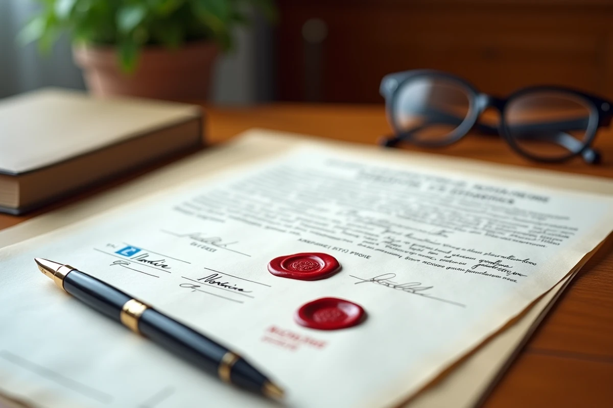 Gros plan sur un document notarié officiel avec tampon et cachet de cire rouge sur un bureau à Limoges