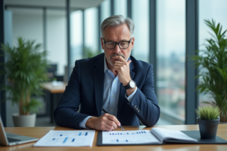 Économiste homme en costume dans un bureau moderne