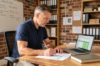 Entrepreneur en rénovation analysant des devis de chantier sur un bureau en bois avec un ordinateur portable ouvert sur un tableau de budget