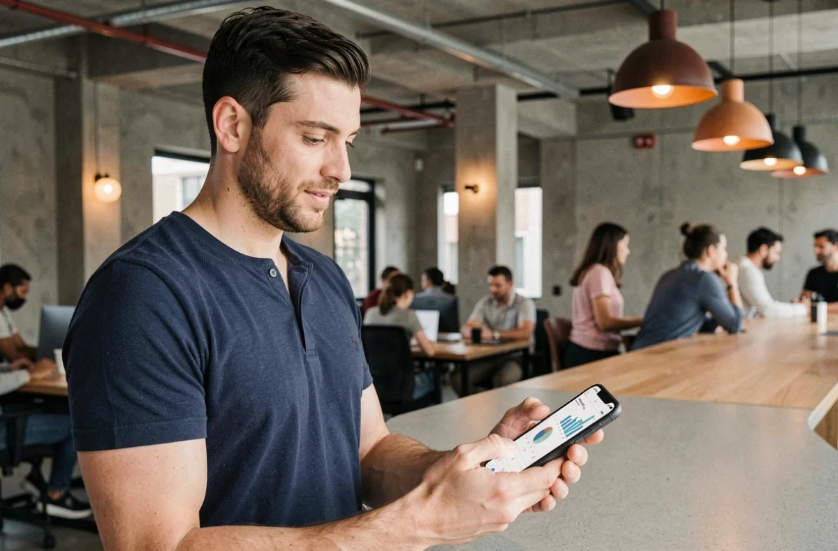 Entrepreneur consultant les statistiques de ventes sur smartphone dans un espace de coworking moderne grâce à Liloo BSK